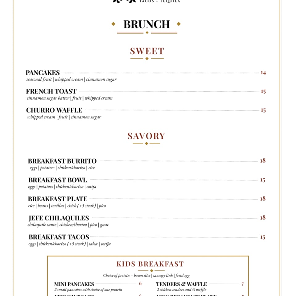 Jefe's Brunch food menu - sweet and savory