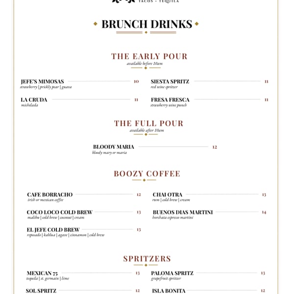 Jefe's Brunch drinks menu - mimosas, spritzers, boozy coffee
