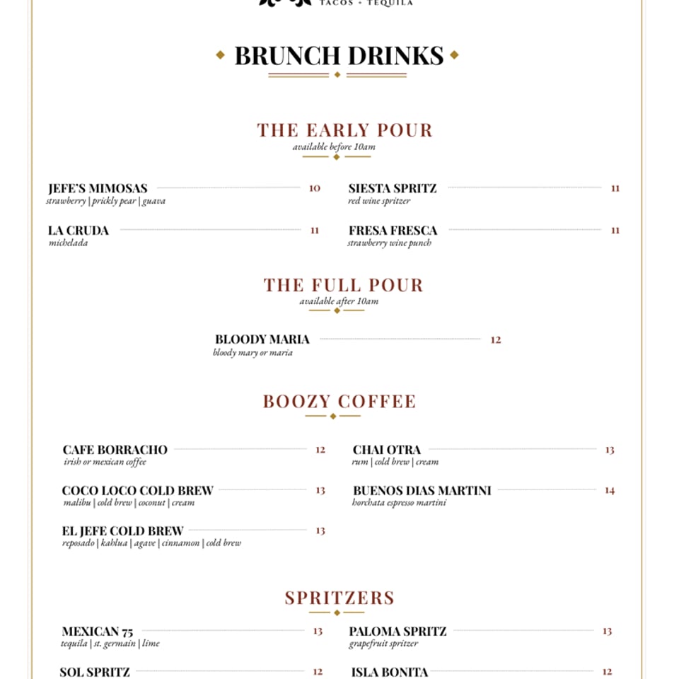 Jefe's Brunch drinks menu - mimosas, spritzers, boozy coffee